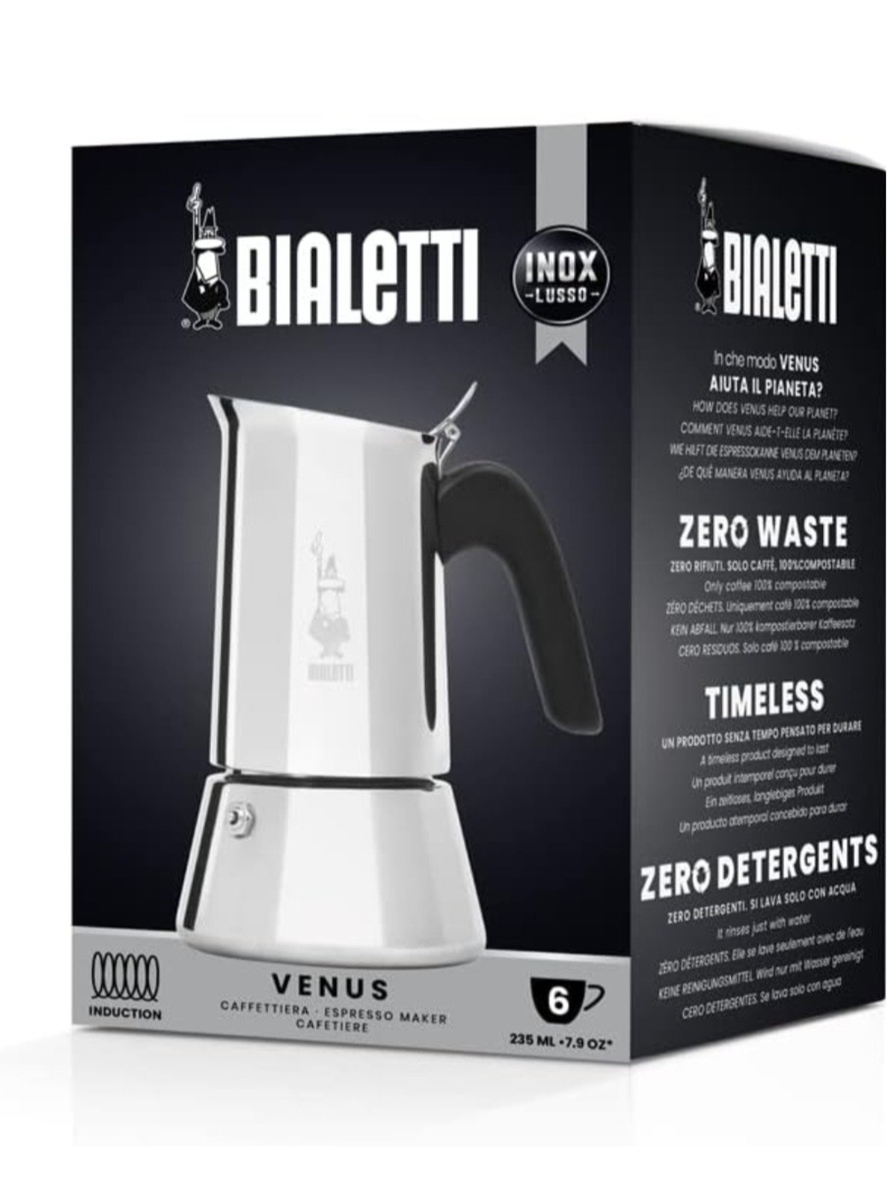 New Bialetti Venus Stainless Steel Espresso Maker - Silver & Black 6 Cup